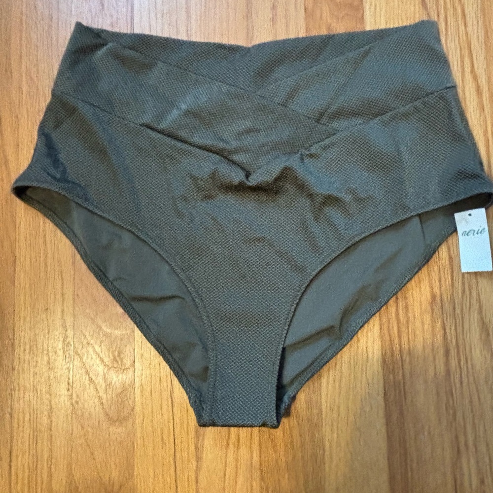Aerie Swim NWT High-Waisted Textured Bikini Bottom Olive Green